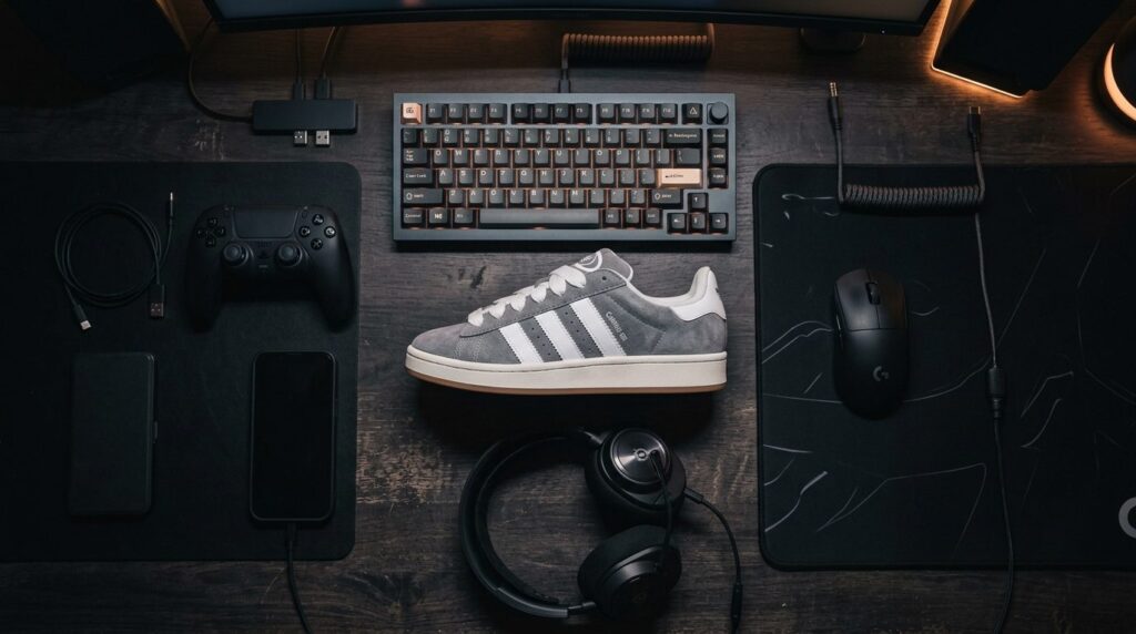 Flat lay arrangement featuring Adidas Campus 00s grey white 