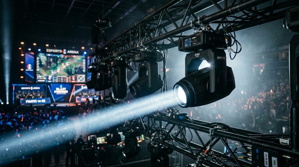 Close-up of a professional moving head spot light fixture mo