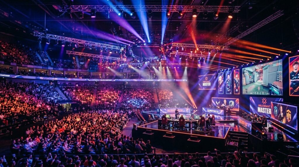 Wide shot of indoor esports gaming venue with professional m